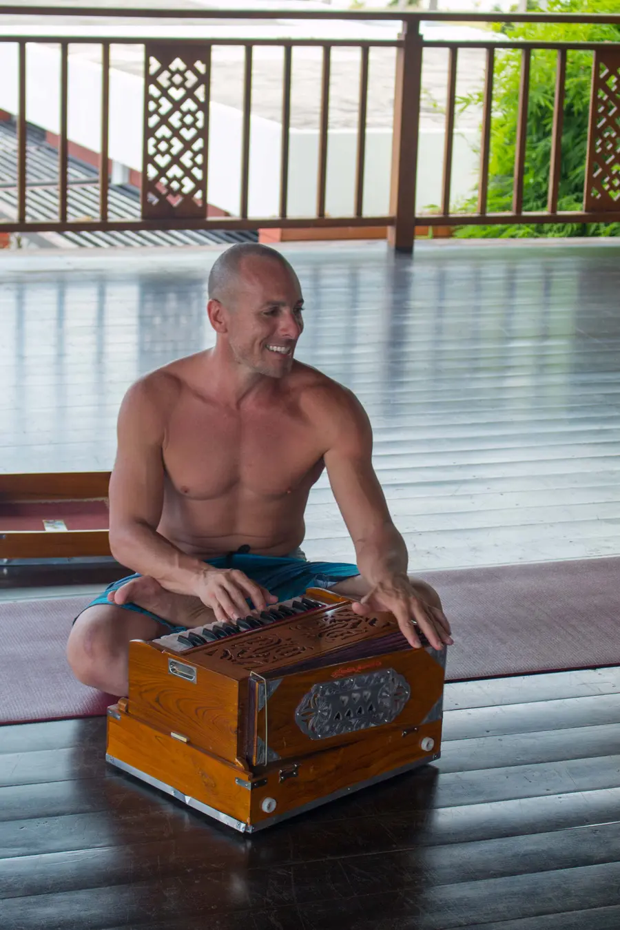 Gabe playing harmonium on the Aava deck